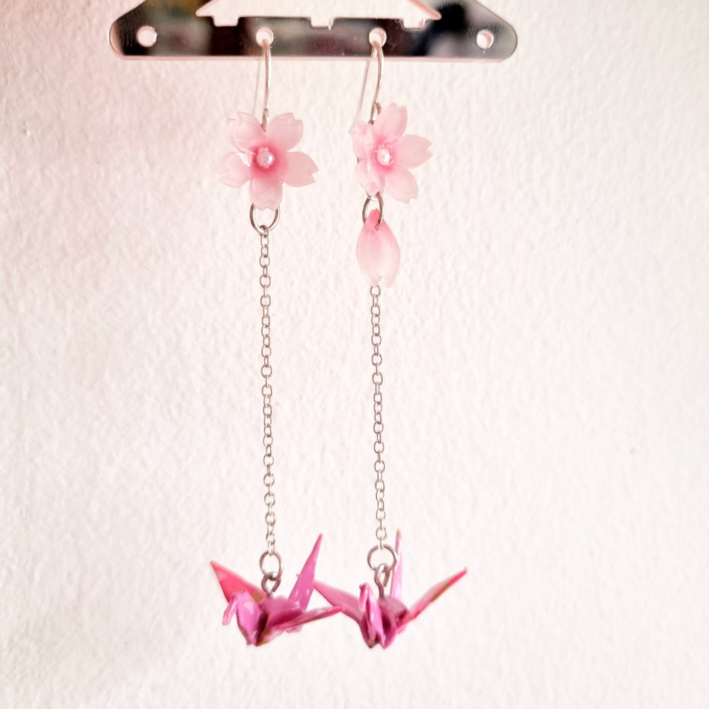 Pink Sakura Origami Crane Dangle Earrings