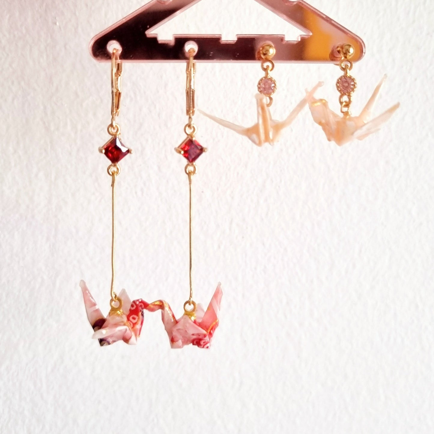 Red & Pink Crane Origami Earrings