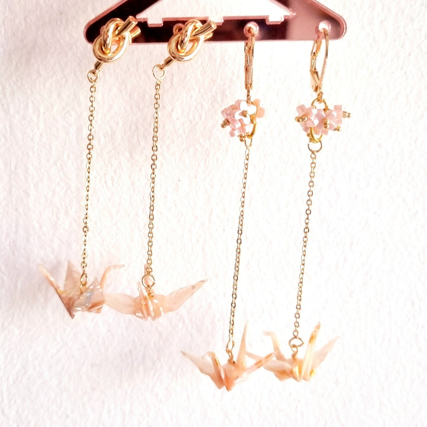Pink Crane Origami Knot & Flower Earrings