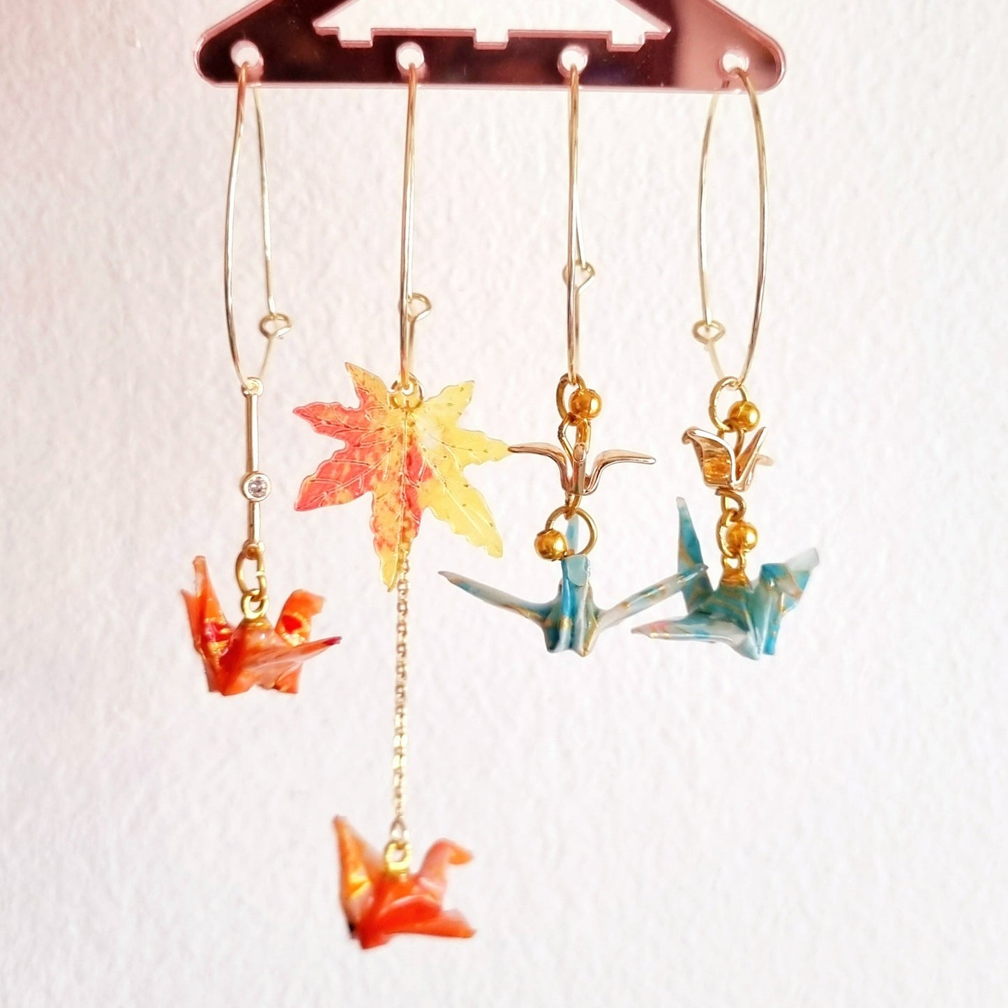 Elegant Orange and Blue Origami Crane Hoop Earrings