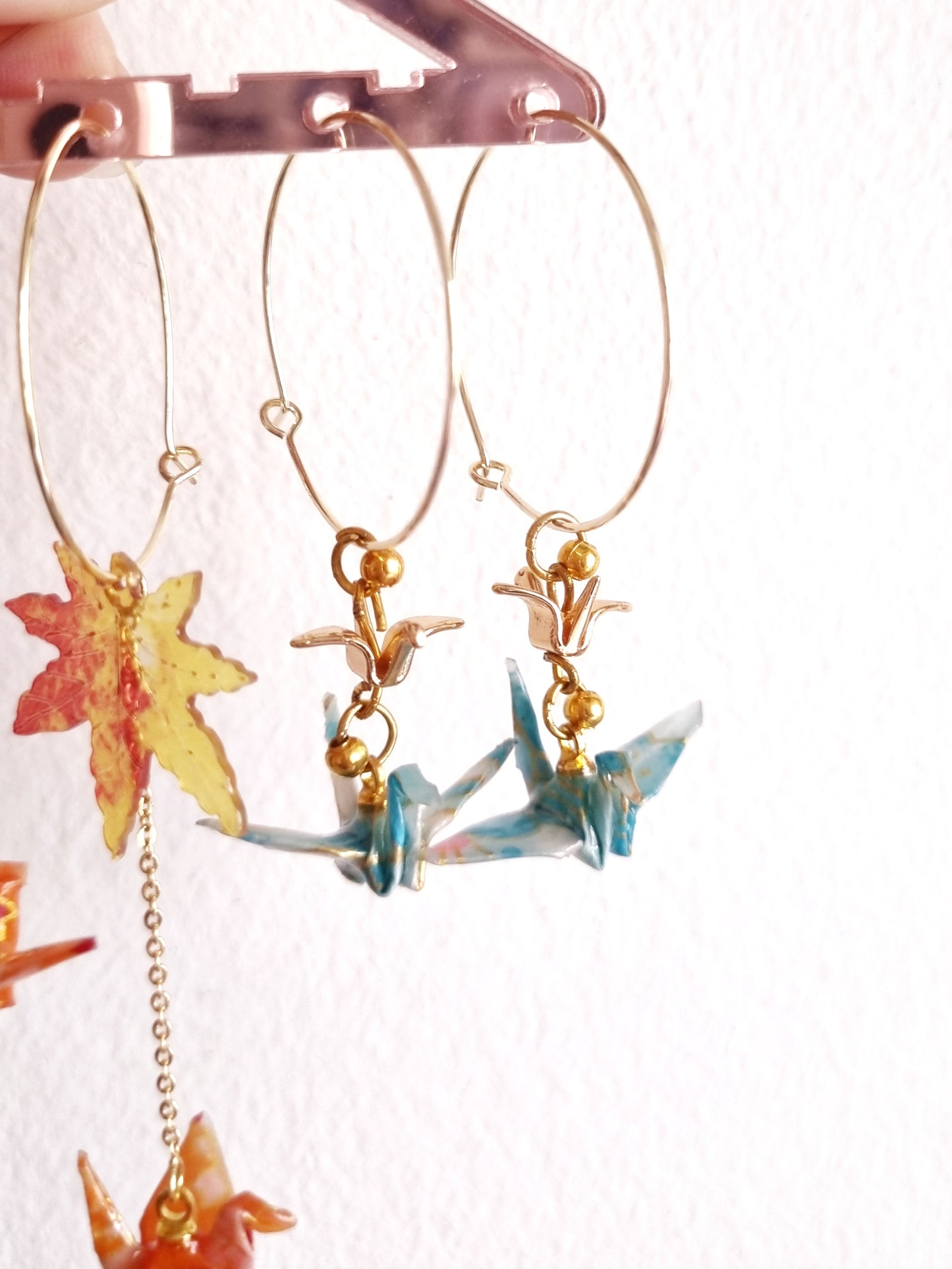 Elegant Orange and Blue Origami Crane Hoop Earrings