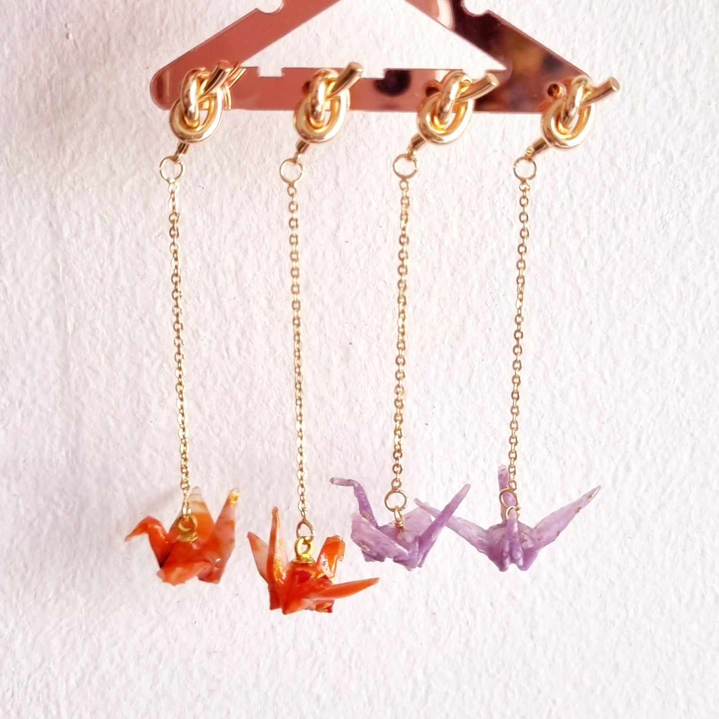 Elegant Orange and Purple Origami Crane Knot Earrings