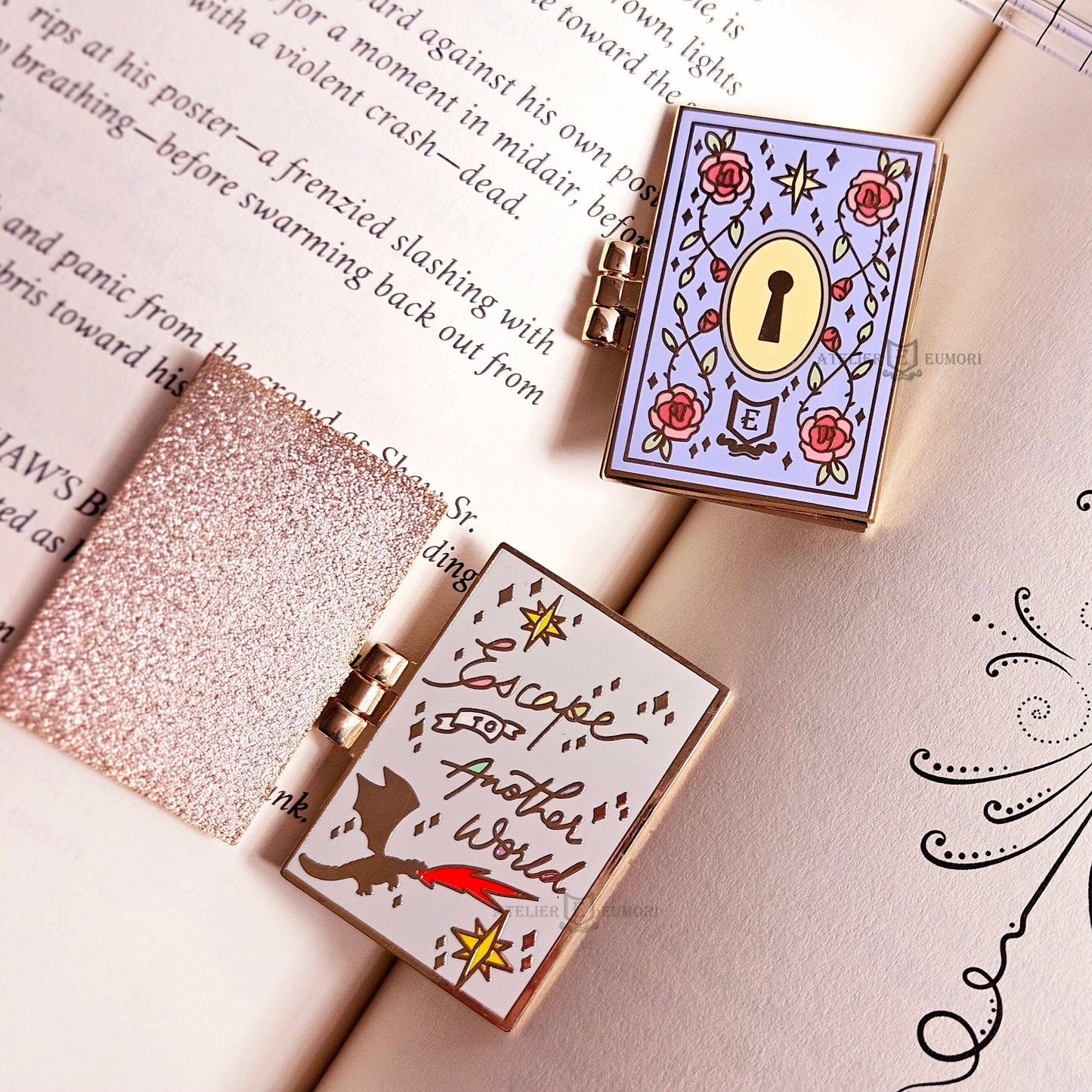 Escapism Book Enamel Pin / Fairytale Book Gold Necklace