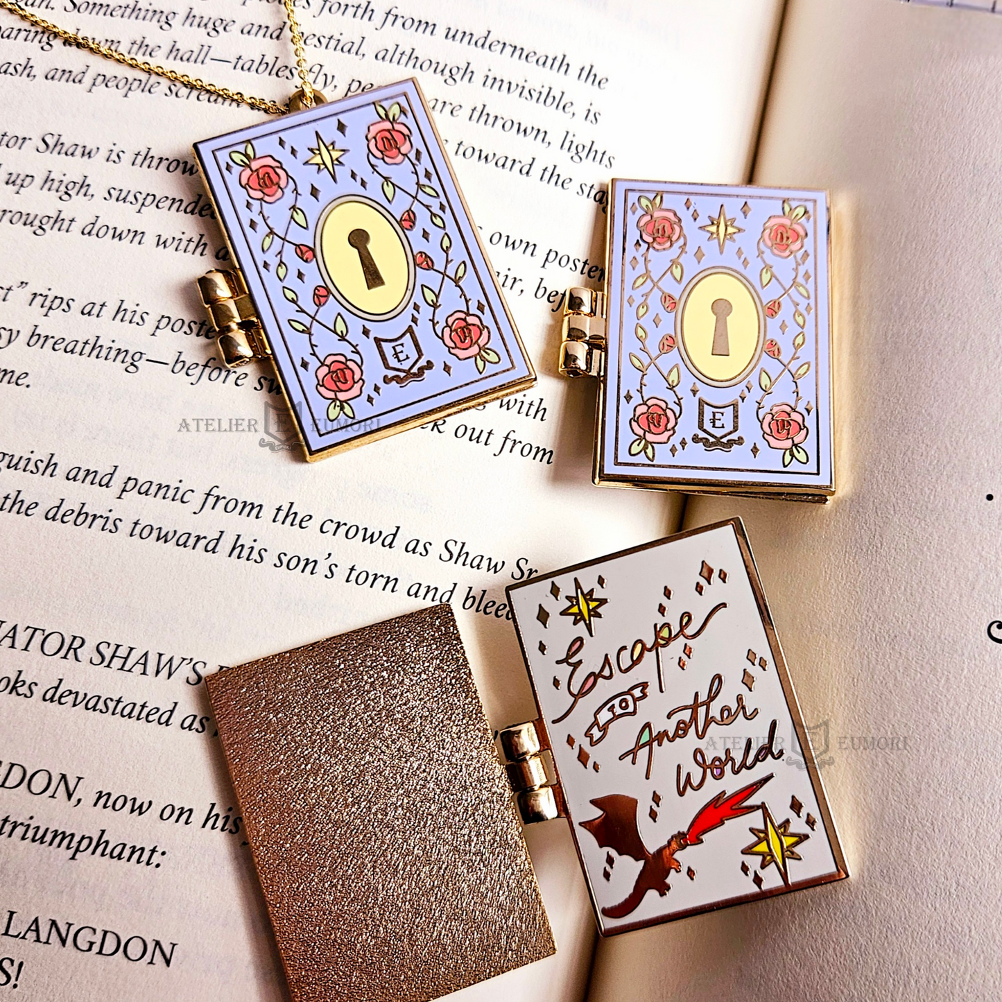 Escapism Book Enamel Pin / Fairytale Book Gold Necklace