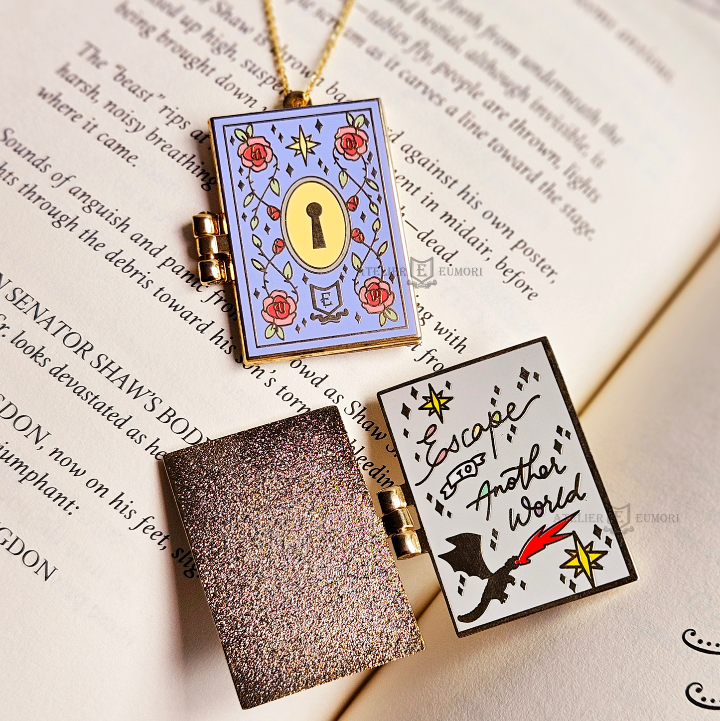 Escapism Book Enamel Pin / Fairytale Book Gold Necklace